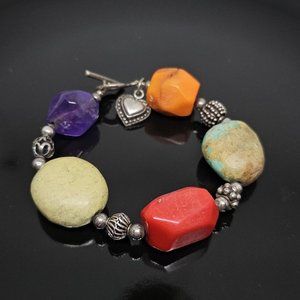 Shube's Turquoise Coral 925 Sterling Silver Southwestern Beaded Bracelet Toggle